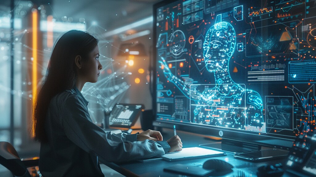Modern office workspace with human copywriter and AI assistant collaborating